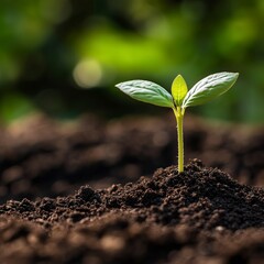 A vibrant green seedling emerges from rich, dark soil, symbolizing growth and new beginnings. The blurred background of lush greenery enhances the focus on the plant's delicate leaves.