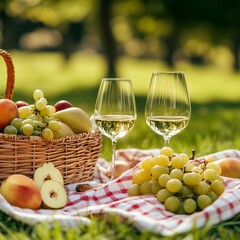 A serene outdoor picnic scene featuring two glasses of white wine, a wicker basket filled with fresh fruits like grapes and apples, all set on a red and white checkered cloth. The background is a