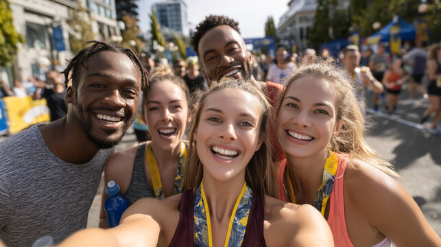 Group selfie of marathon runners with medals smiling after the race event