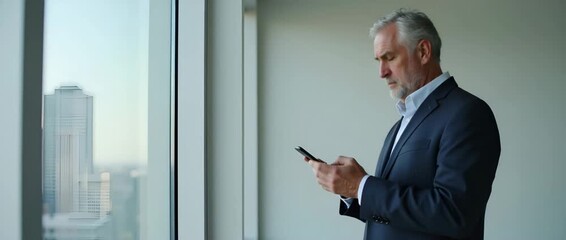 Middle aged business man wearing suit using cellphone looking away in office mature older businessman executive leader wearing suit holding mobile phone at work standing with smartphone in hands. conc - Powered by Adobe