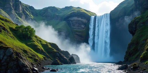 Majestic Waterfall Cascading Down Rugged Cliffs Breathtaking Sunlight, Tranquil Nature Scene