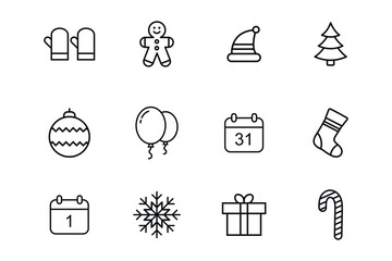 Set of New Year and Christmas icons for mobile apps and websites. Winter holiday symbols: tree, snowflake, cookies, hat, candy cane, calendar, balloon, mittens, toy. Flat vector illustration.