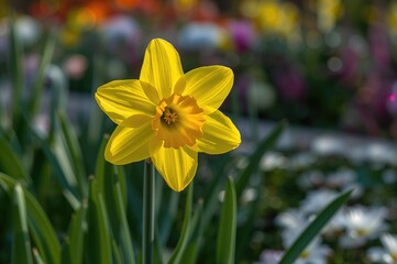 Yellow narcissus featuring petal-like tepals topped by a trumpet-shaped corona