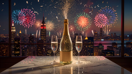 champagne bottle stands amidst rising sparkles, placed on a luxurious marble table against a dazzling New Year's Eve city skyline.