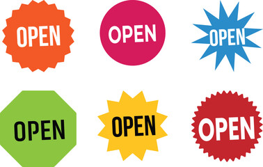 Collection of Colorful Open Sign Vectors for Business Promotion and Marketing