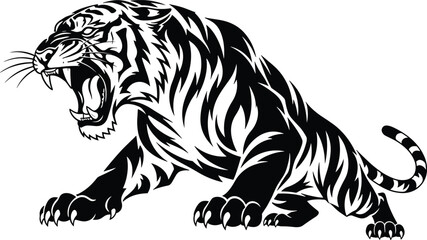 Roaring tiger illustration, aggressive wild cat artwork, black and white animal design, fierce predator symbol, strength, power, courage, wildlife tattoo art