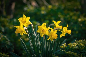 Obraz premium Bright yellow daffodils blooming amidst lush greenery