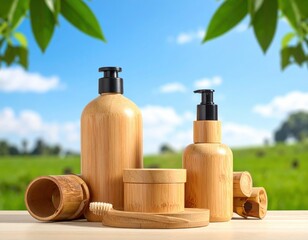 Eco-Friendly Bamboo Skincare Products Displayed Outdoors Against A Green And Blue Backdrop