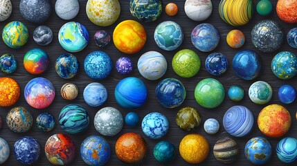 Assorted collection of colorful decorative spheres on dark wooden surface