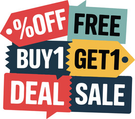 Colorful promotional banners with sales offers and discount information