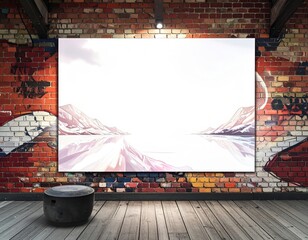Pixelated Mountain Landscape Art Displayed On White Canvas Inside Red Brick Interior Wall With Wooden Floor