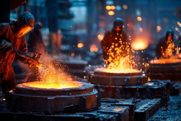 Industrial workers casting molten metal in a foundry, sparks flying, a fiery scene illustrating the heat and intensity of the metalworking process, dark and atmospheric.