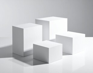 Arrangement Of Four White Cubes On Reflective Surface With Shadow Minimalist Composition
