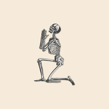 Kneeling praying skeleton skull bones icon retro logo vintage illustration design vector element