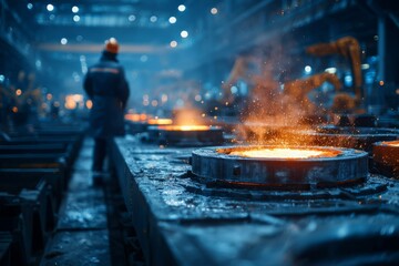 Close-up of molten metal in a foundry, showcasing sparks and a worker in the background, with robotic arms, capturing the intensity of industrial operations, metallurgical processes.