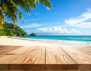 Wooden Tabletop with Coastal Beach Scene Under Bright Blue Sky and Palm Trees