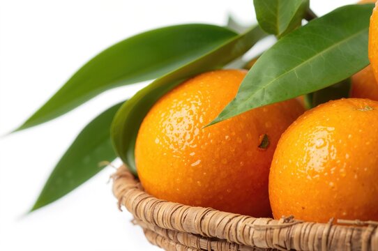 Close-up of Fresh Citrus Fruit in a Woven Basket with Green Leaf on a White Background