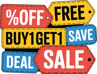 Colorful sale tags offering discounts and promotions for shoppers online