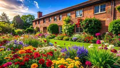 Beautiful Garden and House with Colorful Flowers and Greenery.