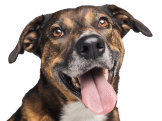 Pet dog, dog face close-up, happy cute smiling pet dog, pet dog portrait, isolated on a transparent background, professional pet photography