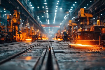 Inside a bustling steel mill, molten metal glows intensely amidst heavy machinery, with workers in the background ensuring precise manufacturing operations, creating high-quality products.