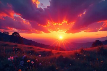 Breathtaking Sunset Vibrant Orange and Purple Hues Paint the Sky, Golden Glow on Calm Landscape