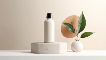 Minimalist Product Presentation with White Bottle Green Leaves and Geometric Shapes on Beige Background
