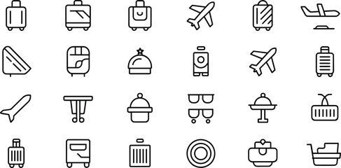 travel and vacation icons set, luggage and airplane symbols, tourism vector collection, airport and hotel elements, flight and baggage line illustration design