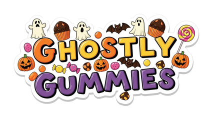 Halloween Candy Delights: A whimsical array of spooky gummy treats, including ghosts, pumpkins, bats, and colorful sweets, perfect for festive indulgence.