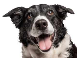 Pet dog, dog face close-up, happy cute smiling pet dog, pet dog portrait, isolated on a transparent background, professional pet photography