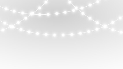 png minimal white Christmas garland with sparkling LED lights, glowing ornaments and elegant New Year holiday decoration background

