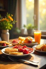 Happy Family Enjoying a Sunny Morning Breakfast of Pancakes, Bacon, and Fruit