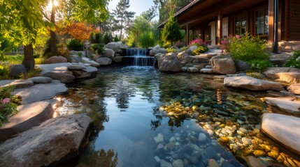 Obraz premium Backyard pond with waterfall and house in summer light