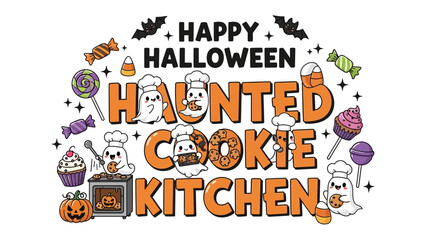 Happy Halloween Haunted Cookie Kitchen : A colorful illustration depicts a festive Happy Halloween banner.