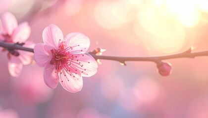 Delicate Pink Cherry Blossom on Branch Against Dreamy Bokeh Background Springtime Beauty and Floral Elegance In Soft Pastel Hues