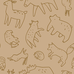 Beige pattern with wild animals. Seamless vector print with outline forest animals.