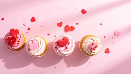 Delicate Pink Cupcakes Topped with Heart Sprinkles on Pink Surface Flat Lay