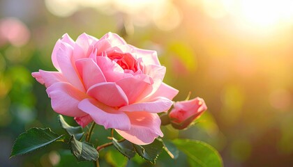 Delicate Pink Rose Bloom with Dew Drops in Golden Sunlight Macro Photograph