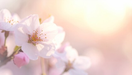 Delicate White Cherry Blossoms Under a Clear Blue Sky in Spring Season With Soft Natural Daylight and Focus on Floral Detail and Warm Glow and Light Flare