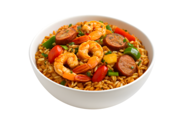 Delicious shrimp and sausage jambalaya in a white bowl
