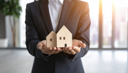 Person Holding Wooden Miniature Houses in Hand in Black Suit Blurred Background and Daylight