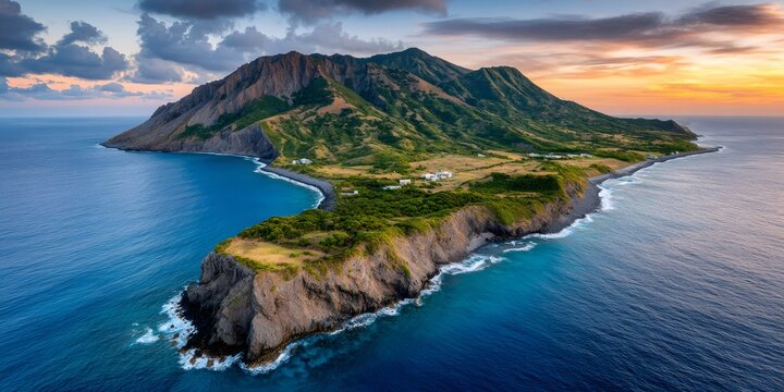 Saba island volcanic landscape at sunset in caribbean sea