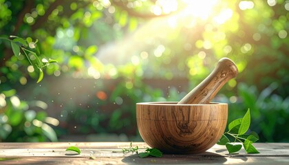 Wooden Mortar And Pestle With Green Leaves and Sunlight Outdoors on Wooden Table