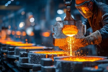 Molten metal pouring at a steel factory, showing the process of metal casting with a worker operating heavy machinery and heat resistant gear, industrial manufacturing scene.