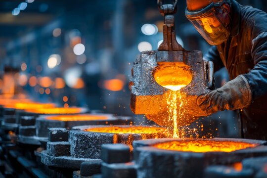 Molten metal pouring at a steel factory, showing the process of metal casting with a worker operating heavy machinery and heat resistant gear, industrial manufacturing scene.