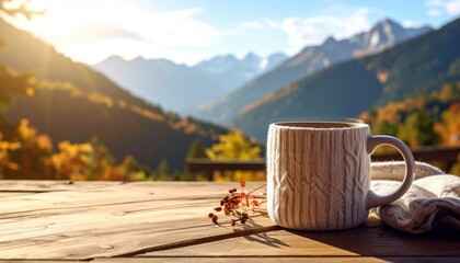 Cozy Knitted Mug On Wooden Table With Mountainous Autumnal Background in Golden Sunlight