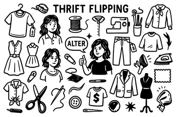 Thrift flipping fashion doodle with secondhand clothing, sewing tools, and upcycling elements, Transparent Background
