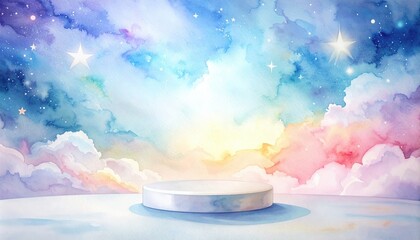 Watercolor Illustration of a Dreamy Cloudscape with a Circular Podium and Starry Sky