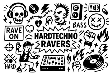 Hard techno rave doodle with underground music, DJ gear, and dark club aesthetic, Transparent Background