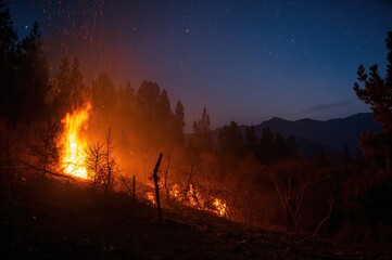 Wildfire blazing through remote forest under the night sky